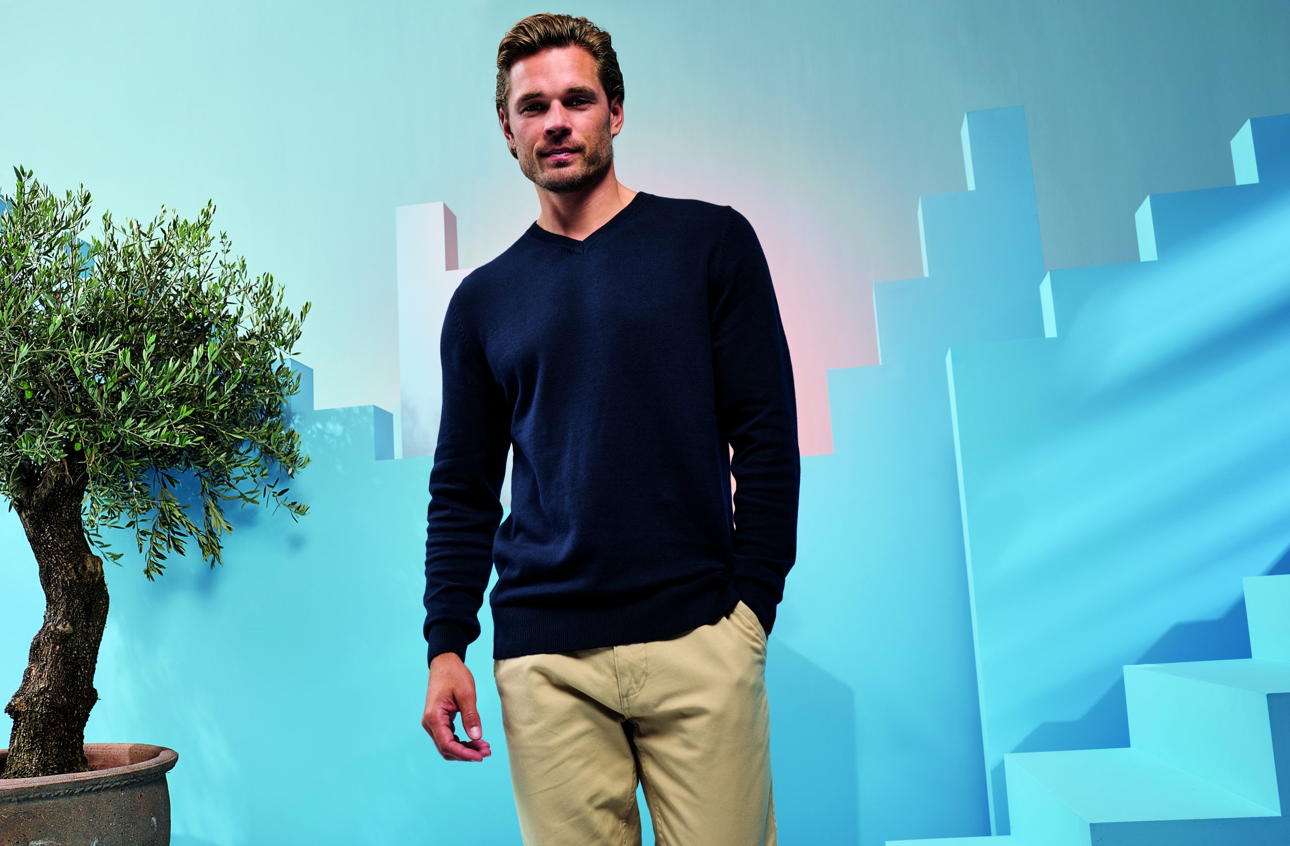 AQ042_FrenchNavy_3_Expires_Dec_2026 Asquith and Fox - AQ042 - MENS COTTON BLEND V-NECK SWEATER - Image 1